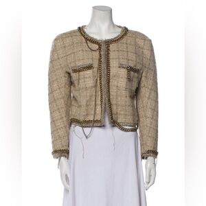 R13 Chic Tan Tweed Women's Jacket with gold chain accents